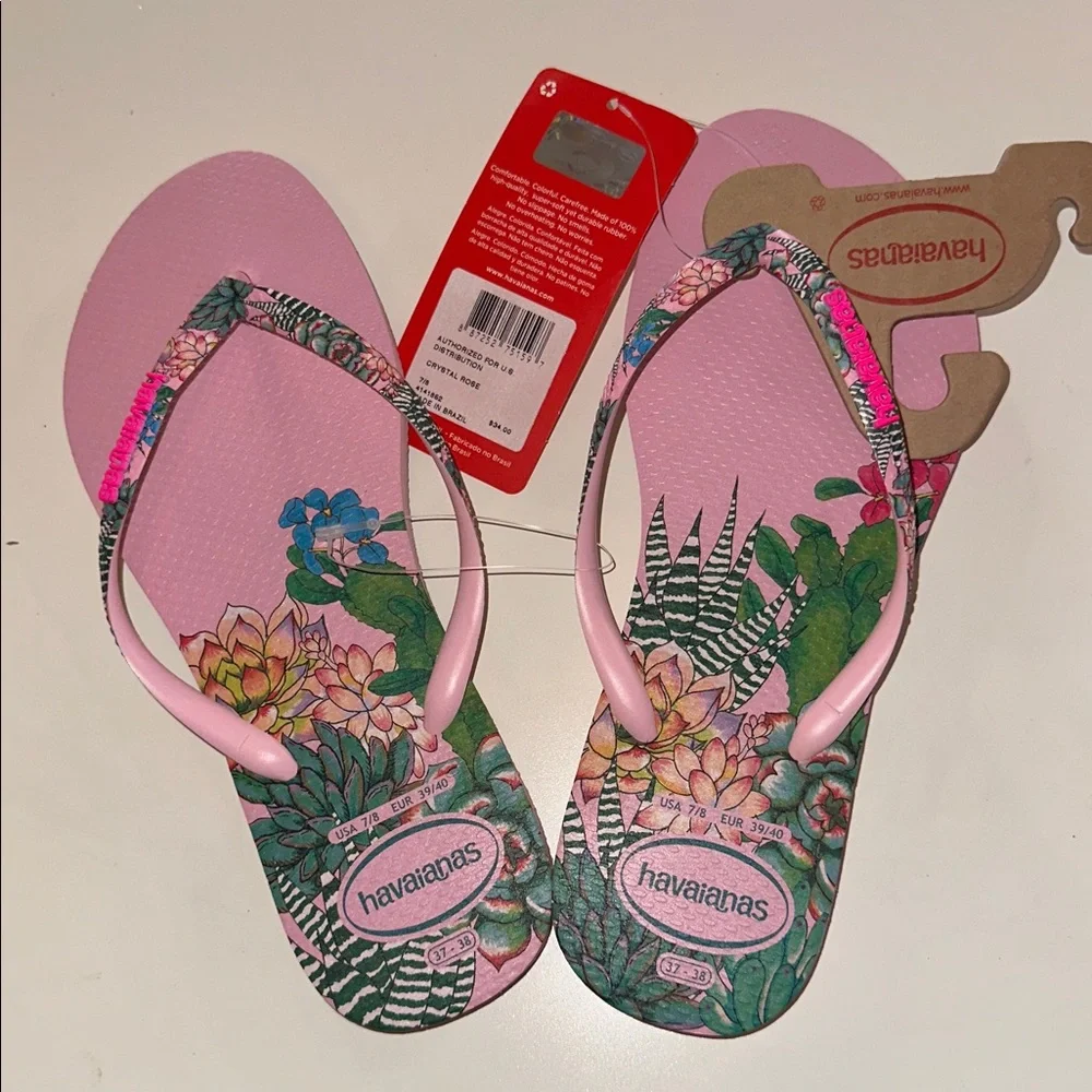 Havaianas Crystal Rose Pink Tropical Floral Flip Flops Women’s 7/8 Brazil  NWT - Picture 2 of 3
